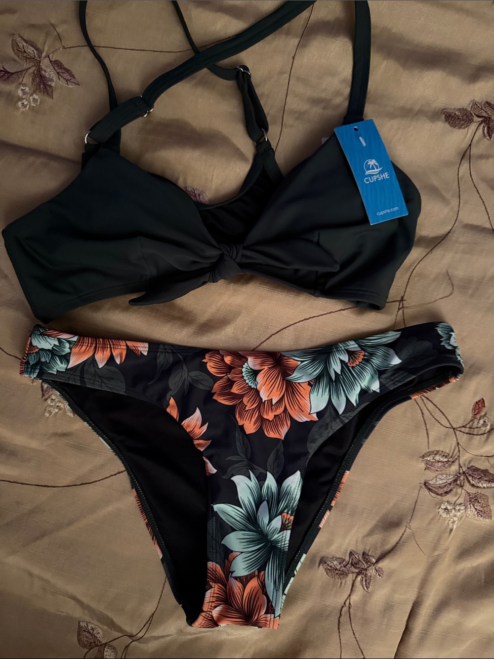 Cupshe Black Twist-Front Bikini Top with Teal and Coral Floral Bottoms